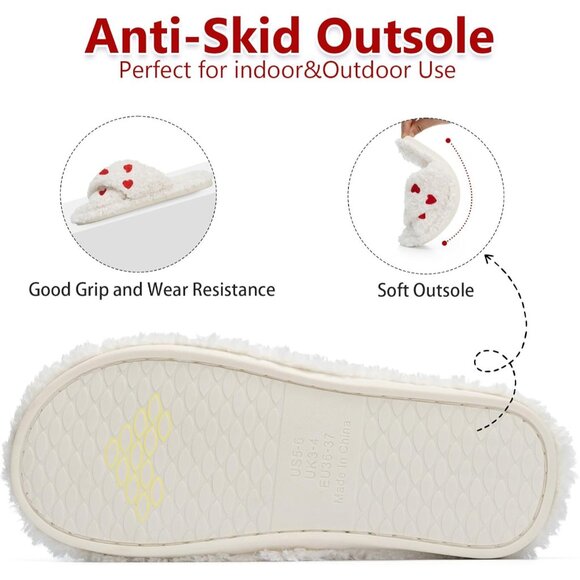 ⚡Women’s White Red Heart Faux Fur Cozy Fuzzy Cross Band Slippers House Shoes - Picture 5 of 6